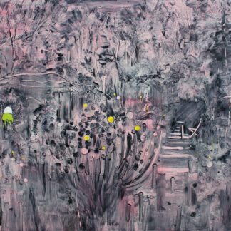 pink paint with organic shaped brushstrokes over dark grey background and 6 yellow dots