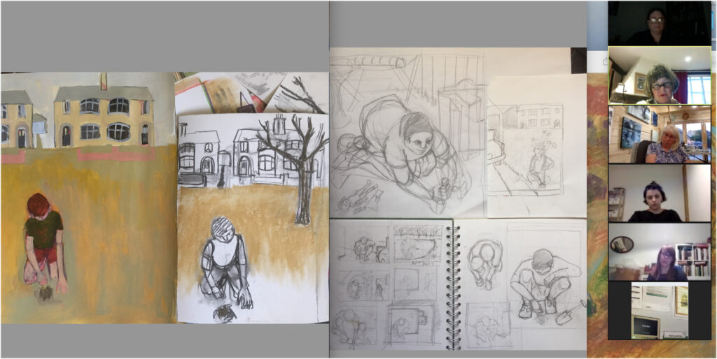 an open sketchbook with pencil drawings of a figure in a landscape with a tree in the background